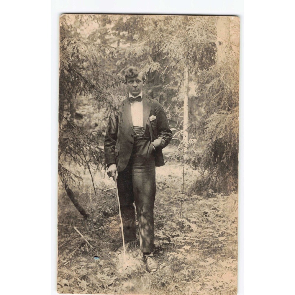 RPPC Antique Postcard Dapper Young Man Tuxedo Cane Forest c1910 Real Photo